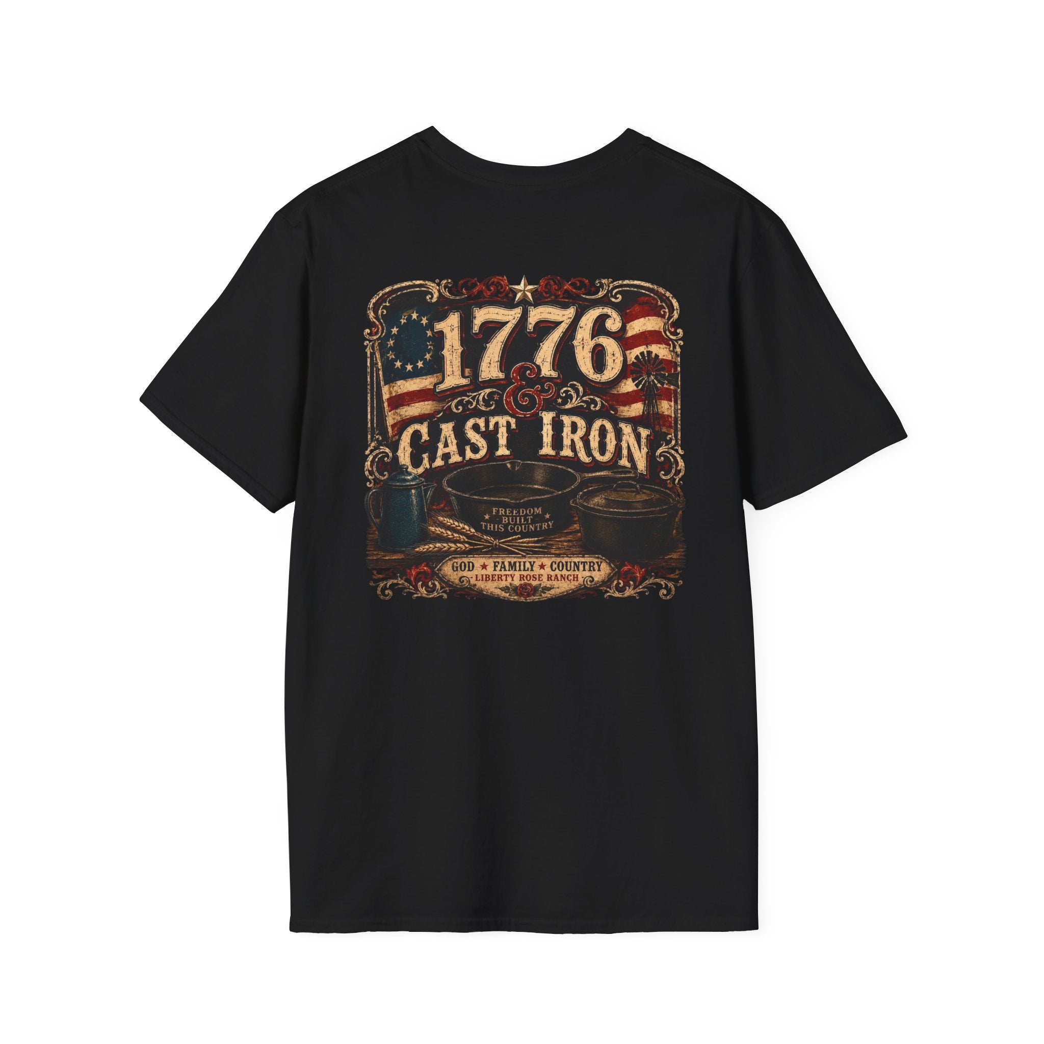 1776 Cast Iron T-Shirt – Vintage American Flag Grill/Fishing Cooking Tee