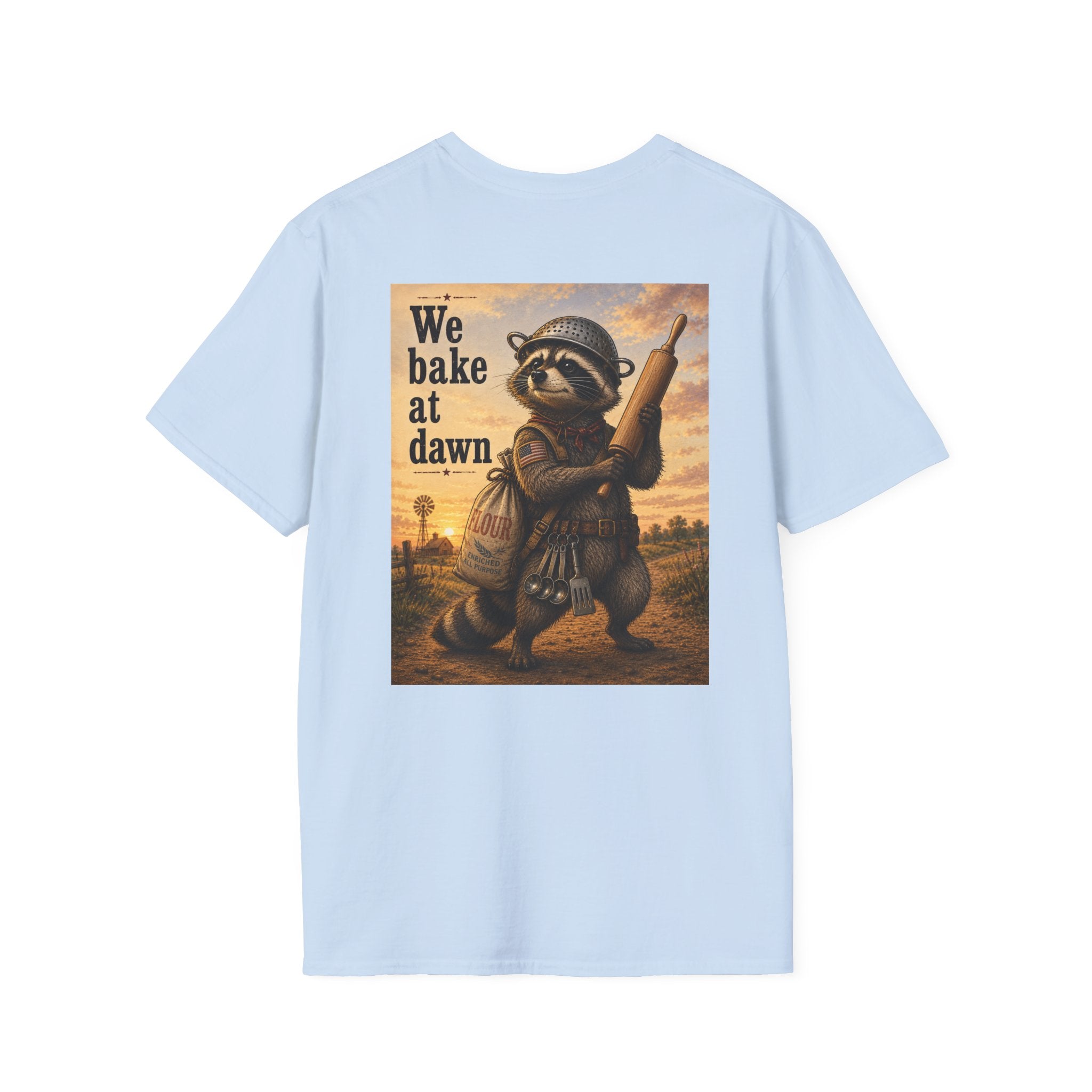 Baker Raccoon T-Shirt — "We Bake at Dawn" Vintage Bakery Graphic Tee