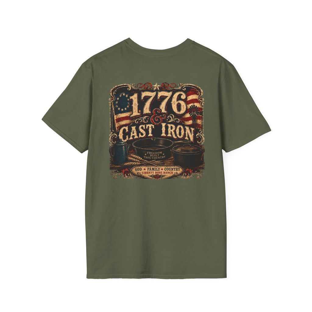 1776 Cast Iron T-Shirt – Vintage American Flag Grill/Fishing Cooking Tee