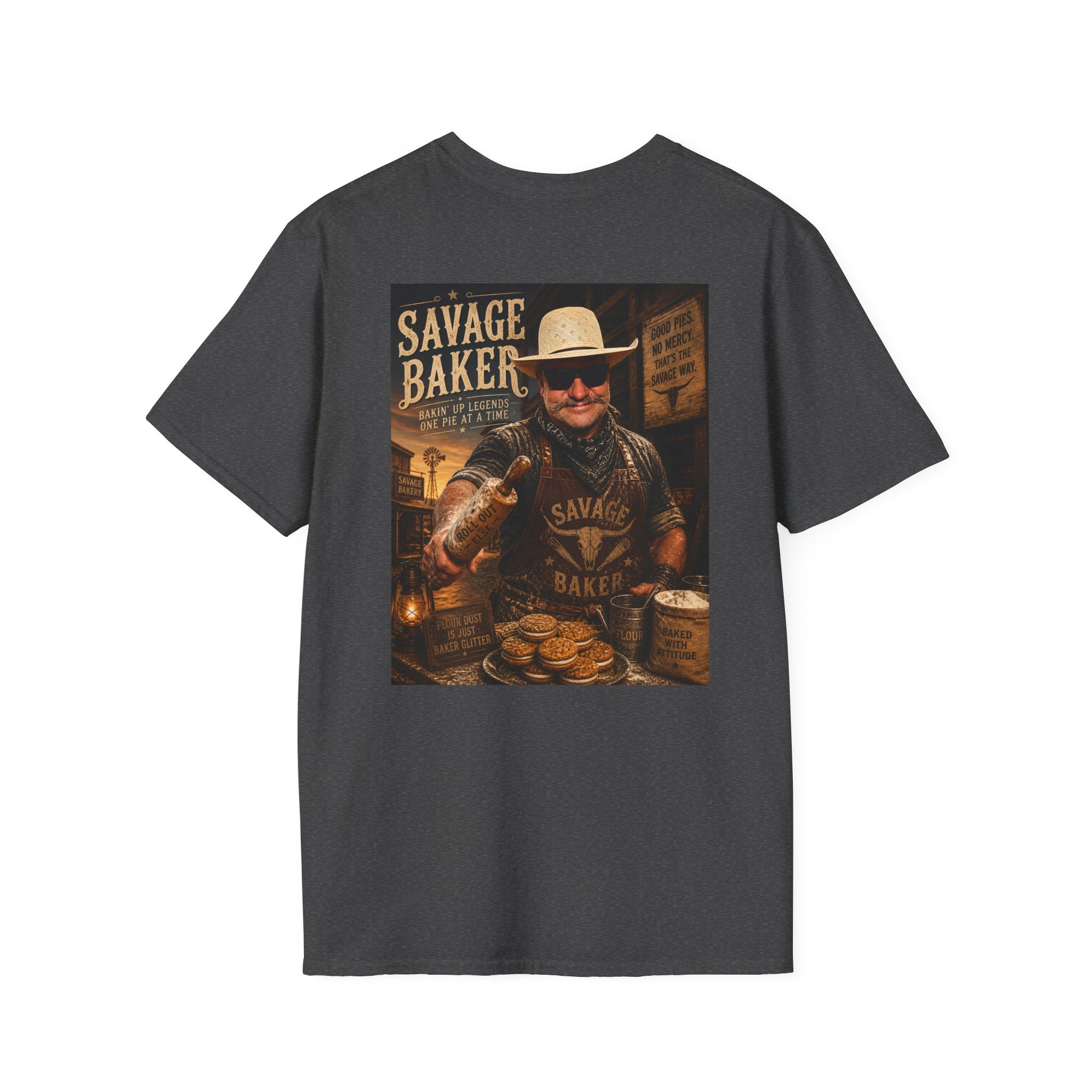 Savage Baker Western Graphic T-Shirt — Retro Bakery Logo & Vintage Chef Poster Tee