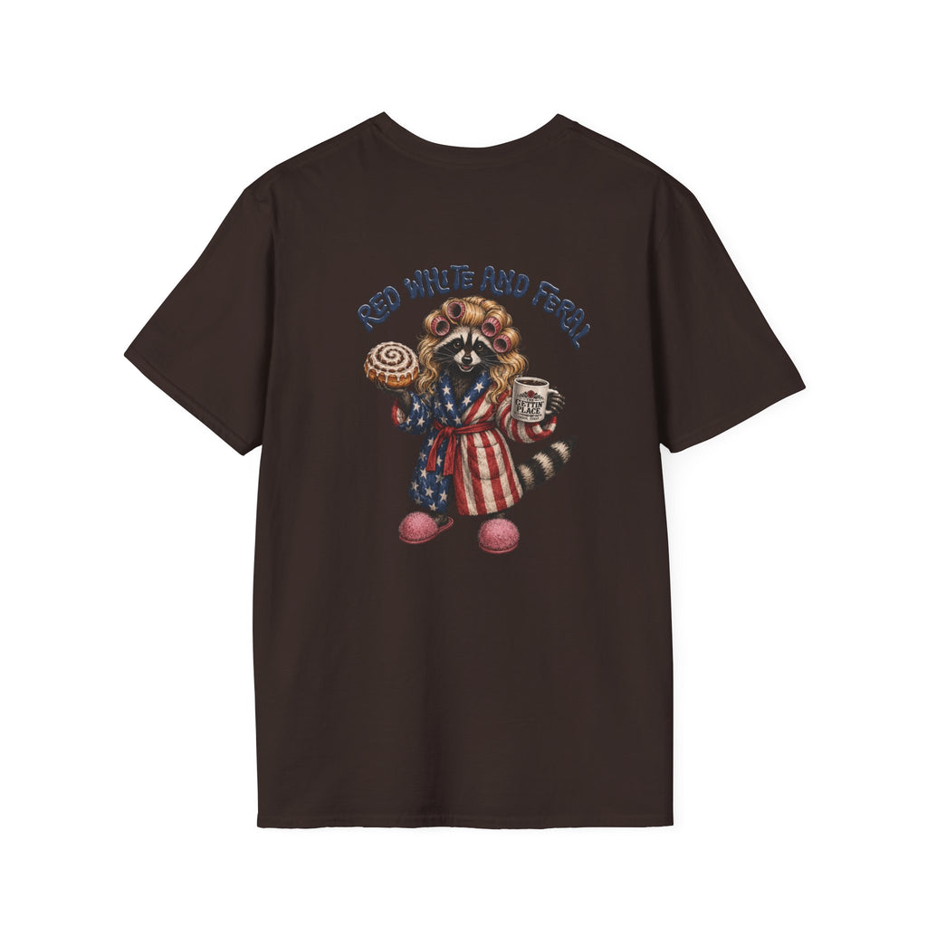 Patriotic Raccoon T-Shirt – "Red White and Ferrel" Pink Fuzzy Slippers, Americana Graphic Tee