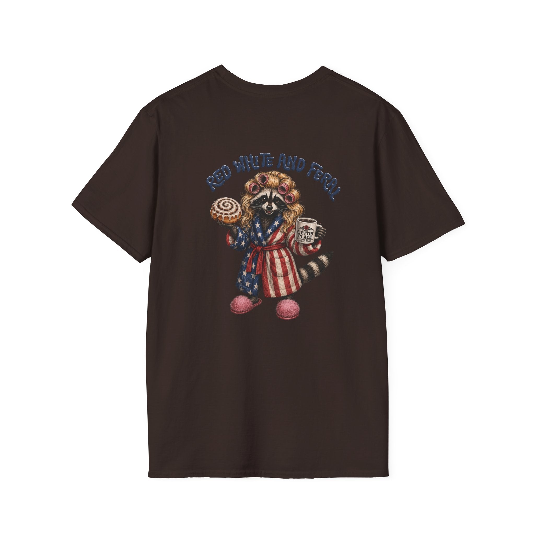 Patriotic Raccoon T-Shirt – "Red White and Ferrel" Pink Fuzzy Slippers, Americana Graphic Tee