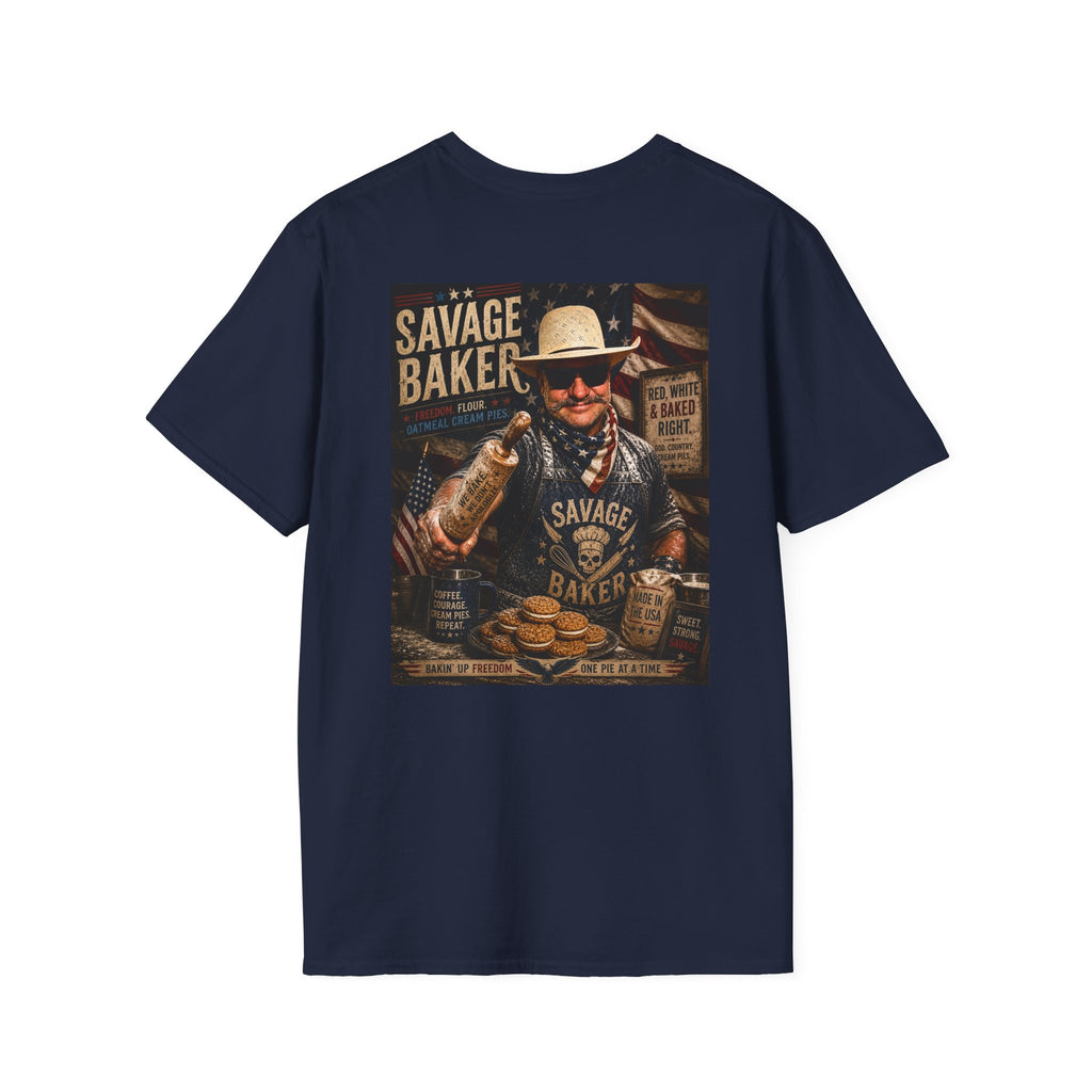 T-Shirt — Savage Baker Patriotic Retro Logo Tee (front chest patch & back graphic)