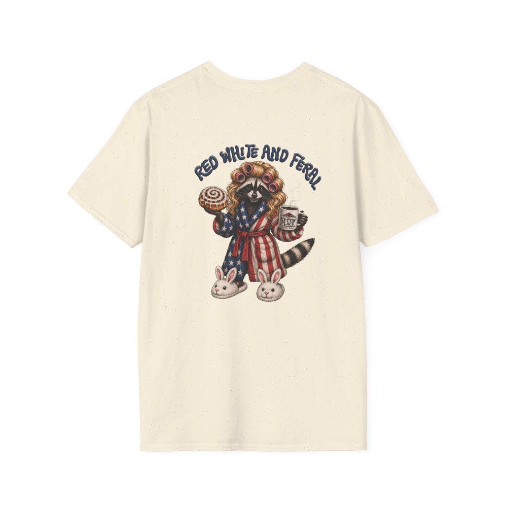 Patriotic Raccoon T-Shirt — "Red White and Feral" with Bunny Slippers, Americana Tee