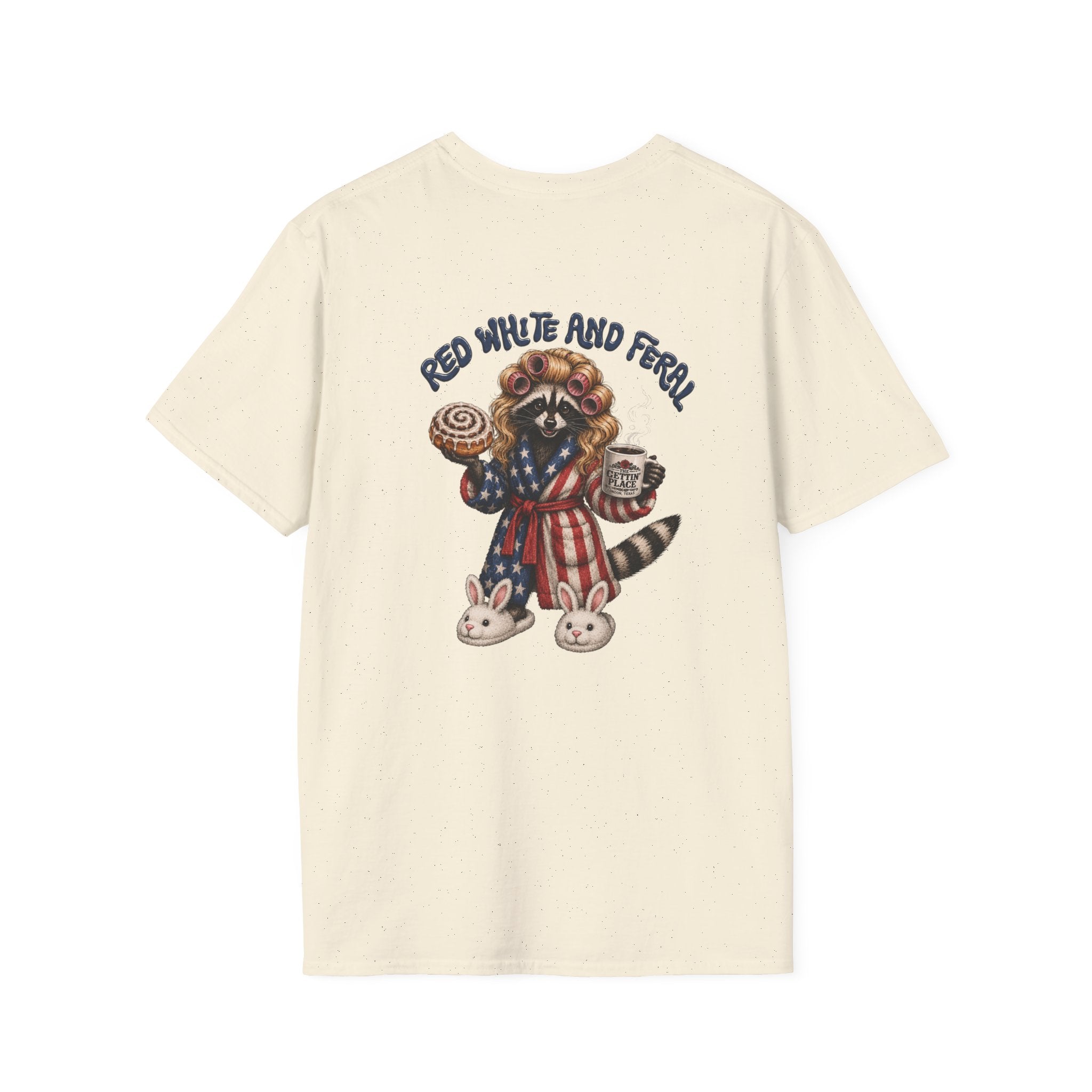 Patriotic Raccoon T-Shirt — "Red White and Feral" with Bunny Slippers, Americana Tee