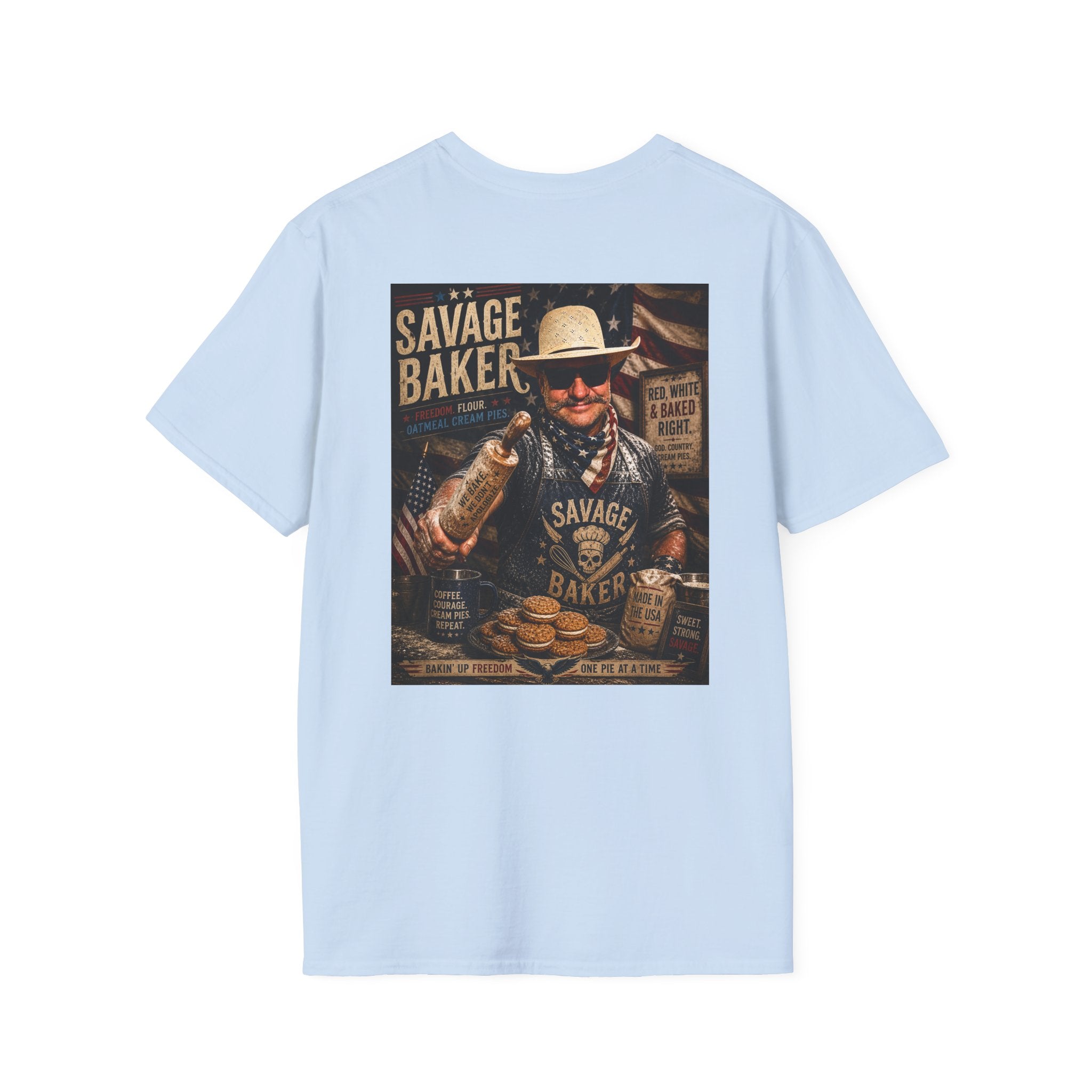 T-Shirt — Savage Baker Patriotic Retro Logo Tee (front chest patch & back graphic)