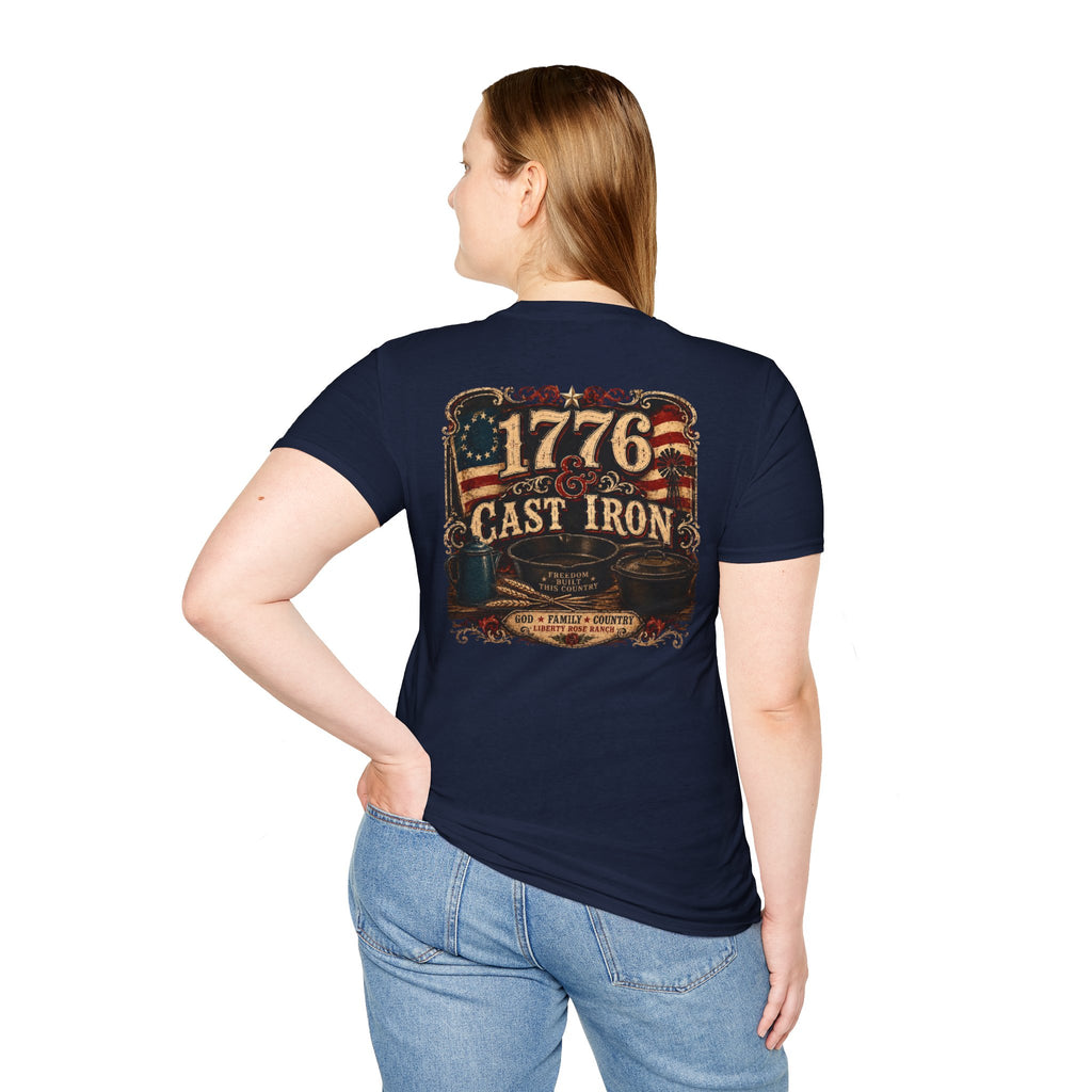 1776 Cast Iron T-Shirt – Vintage American Flag Grill/Fishing Cooking Tee