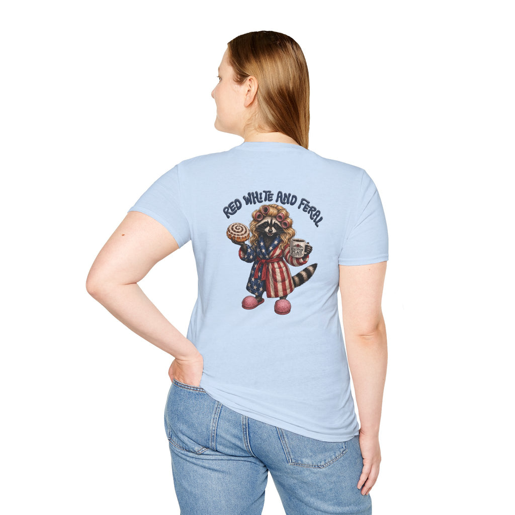 Patriotic Raccoon T-Shirt – "Red White and Ferrel" Pink Fuzzy Slippers, Americana Graphic Tee