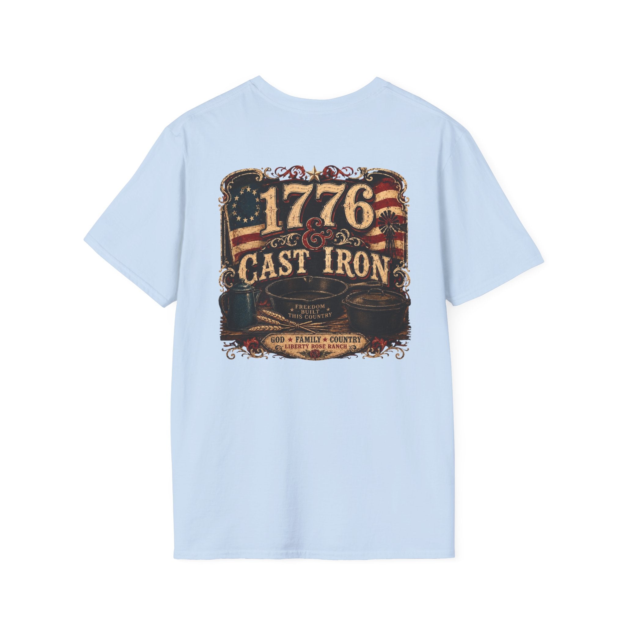 1776 Cast Iron T-Shirt – Vintage American Flag Grill/Fishing Cooking Tee