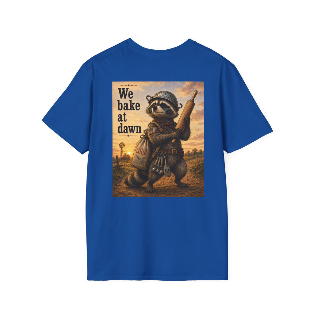 Baker Raccoon T-Shirt — "We Bake at Dawn" Vintage Bakery Graphic Tee