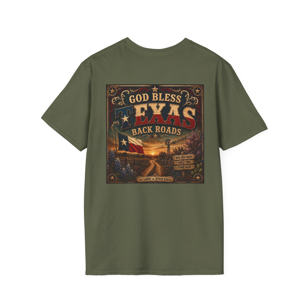 Texas Back Roads T-Shirt — "God Bless Texas Backroads" Vintage Sunset Graphic. Liberty Rose Ranch