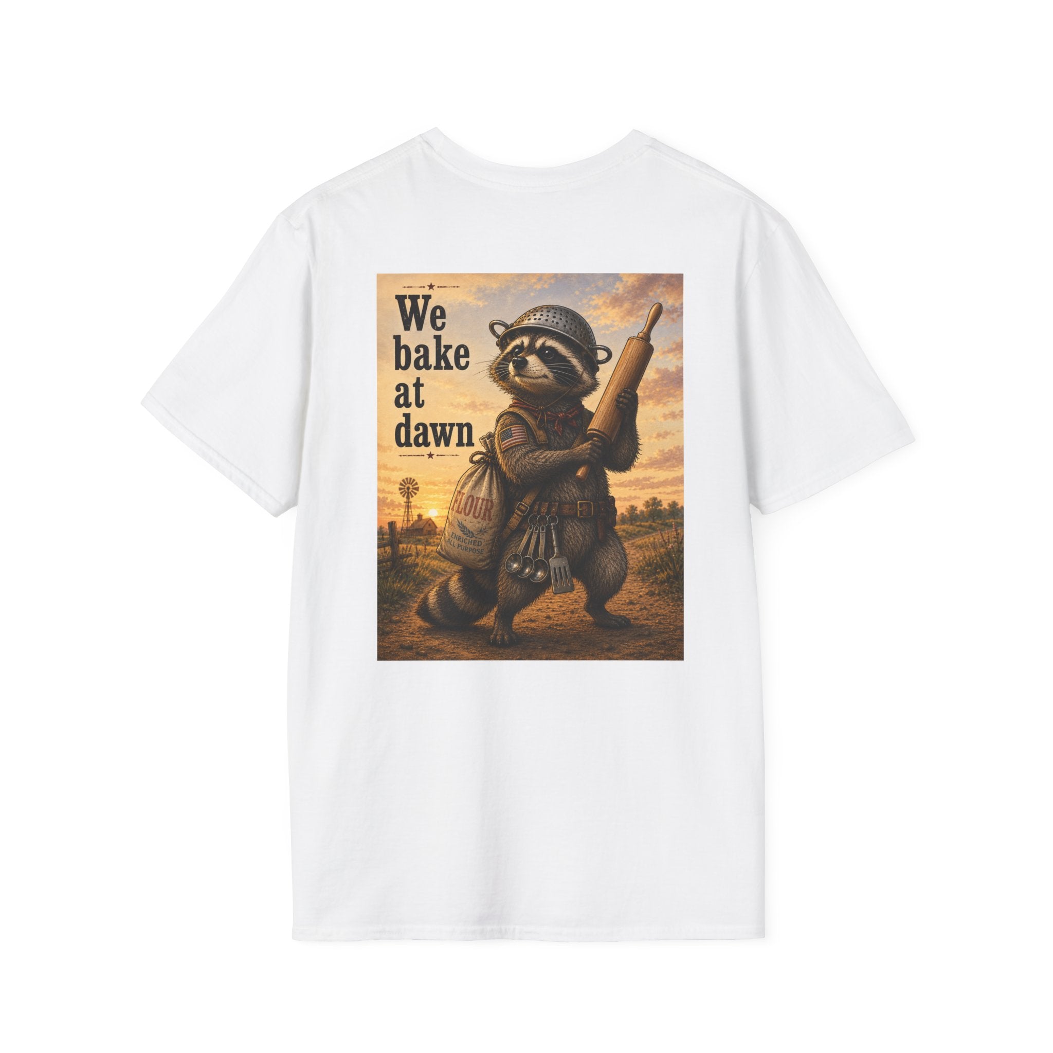 Baker Raccoon T-Shirt — "We Bake at Dawn" Vintage Bakery Graphic Tee