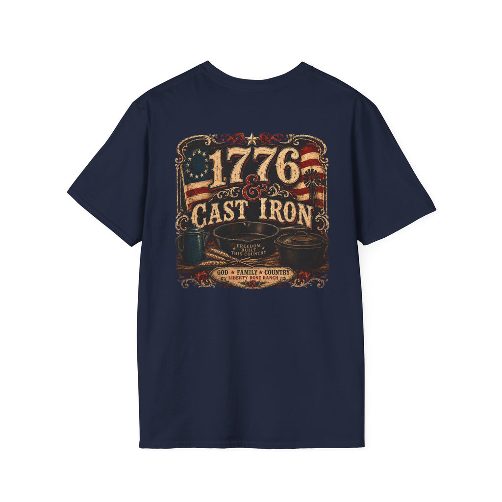 1776 Cast Iron T-Shirt – Vintage American Flag Grill/Fishing Cooking Tee