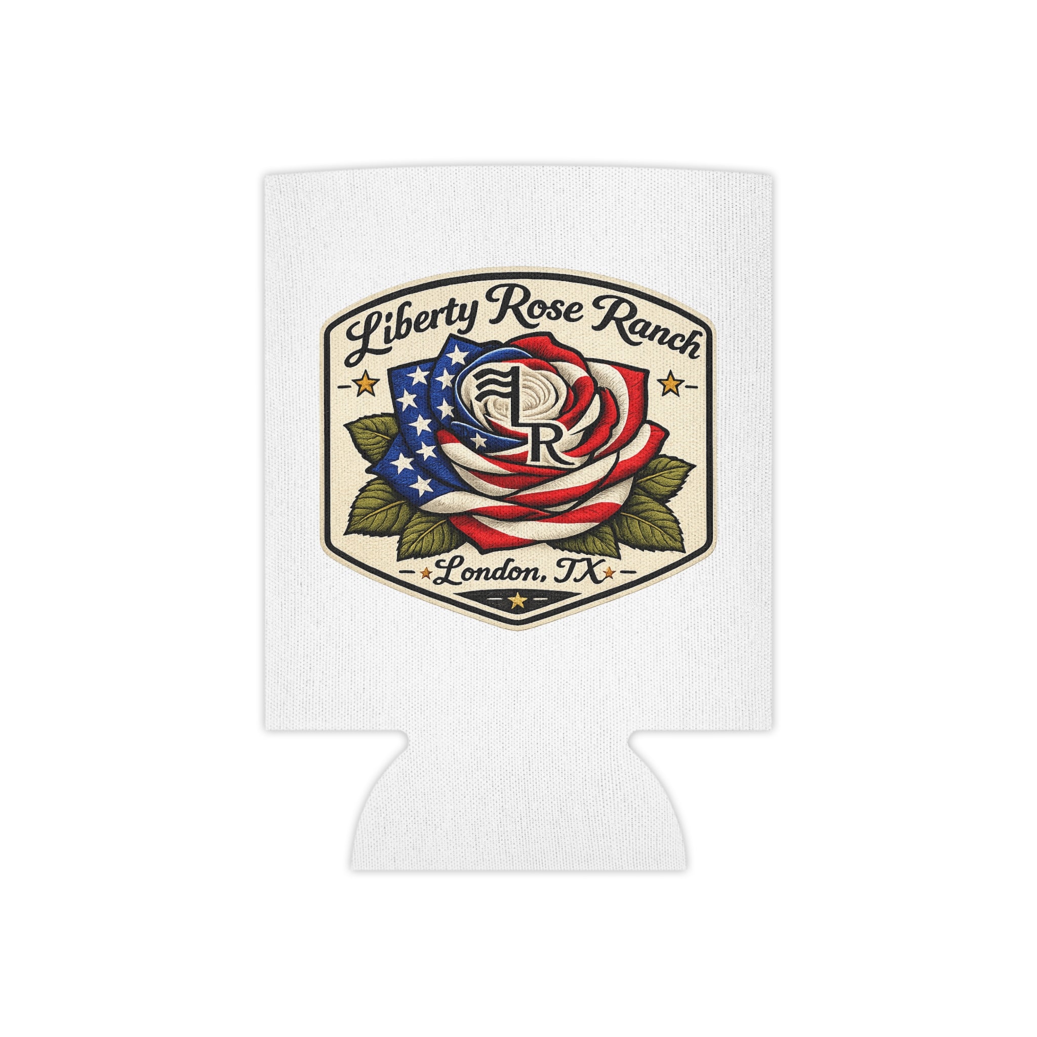 Patriotic Can Cooler — American Flag & Liberty Rose Ranch Beer Koozie