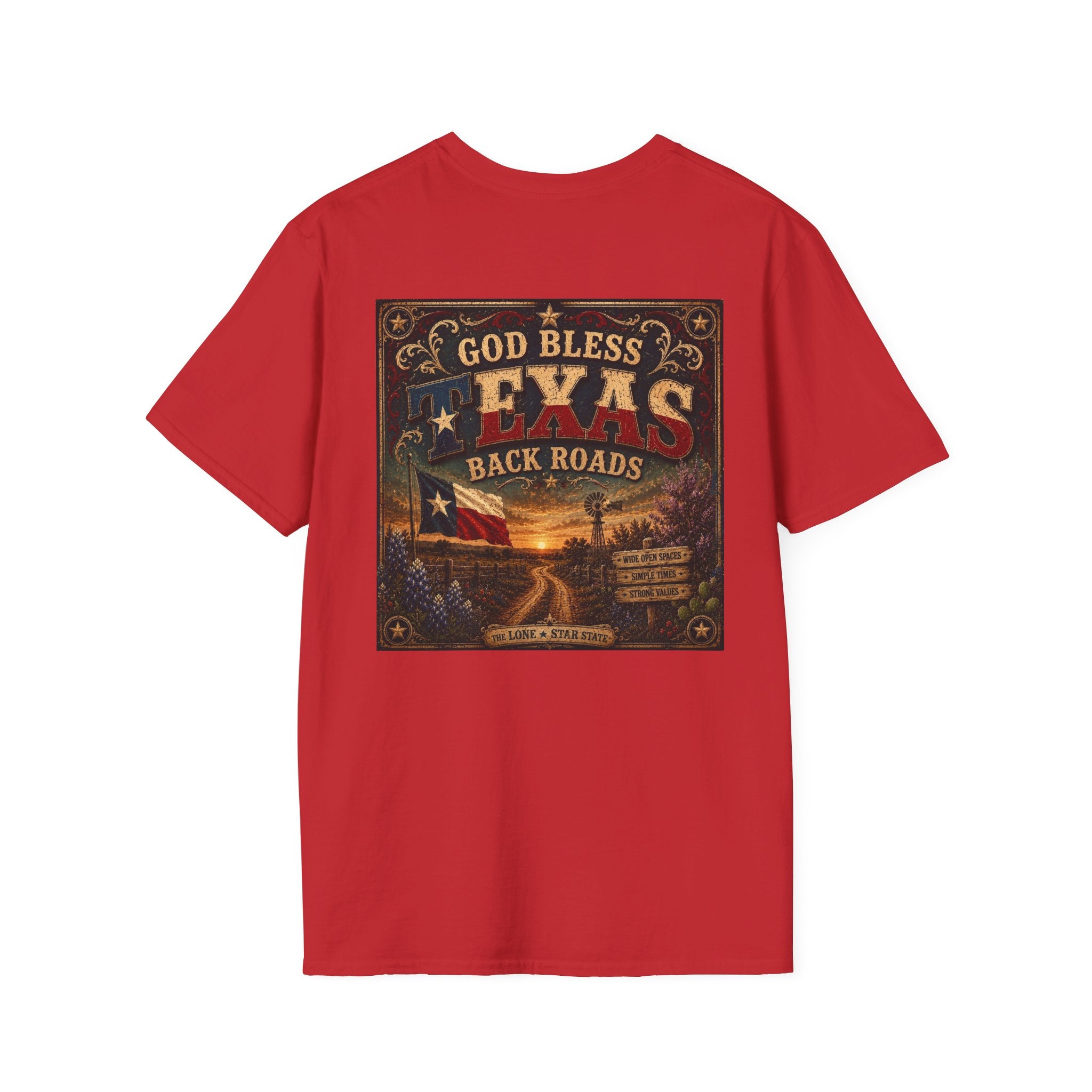 Texas Back Roads T-Shirt — "God Bless Texas Backroads" Vintage Sunset Graphic. Liberty Rose Ranch