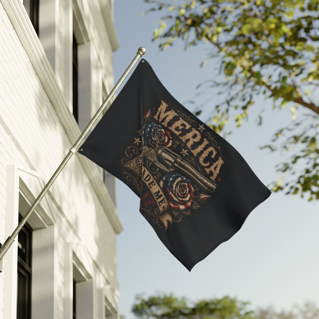 'Merica Made Me Do It' Double-Sided Flag — Patriotic Revolver Design