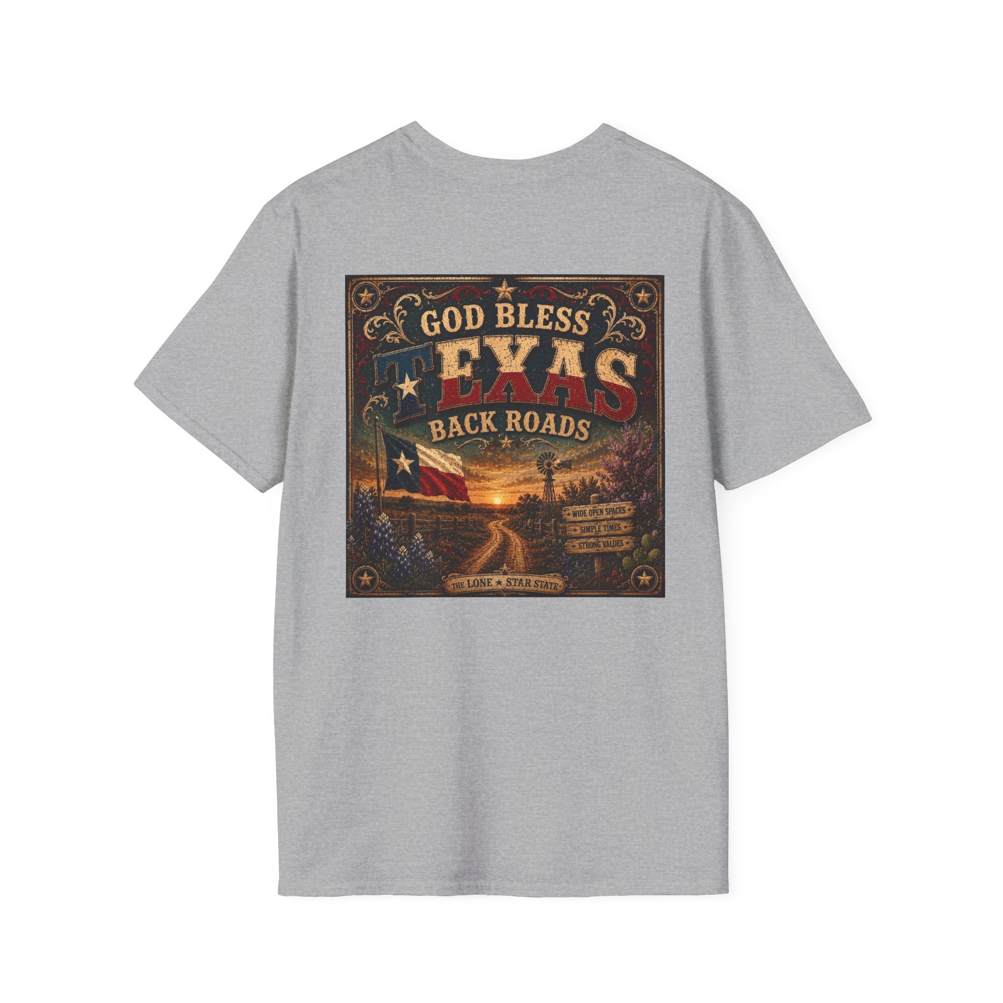 Texas Back Roads T-Shirt — "God Bless Texas Backroads" Vintage Sunset Graphic. Liberty Rose Ranch