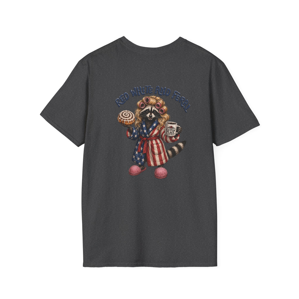 Patriotic Raccoon T-Shirt – "Red White and Ferrel" Pink Fuzzy Slippers, Americana Graphic Tee