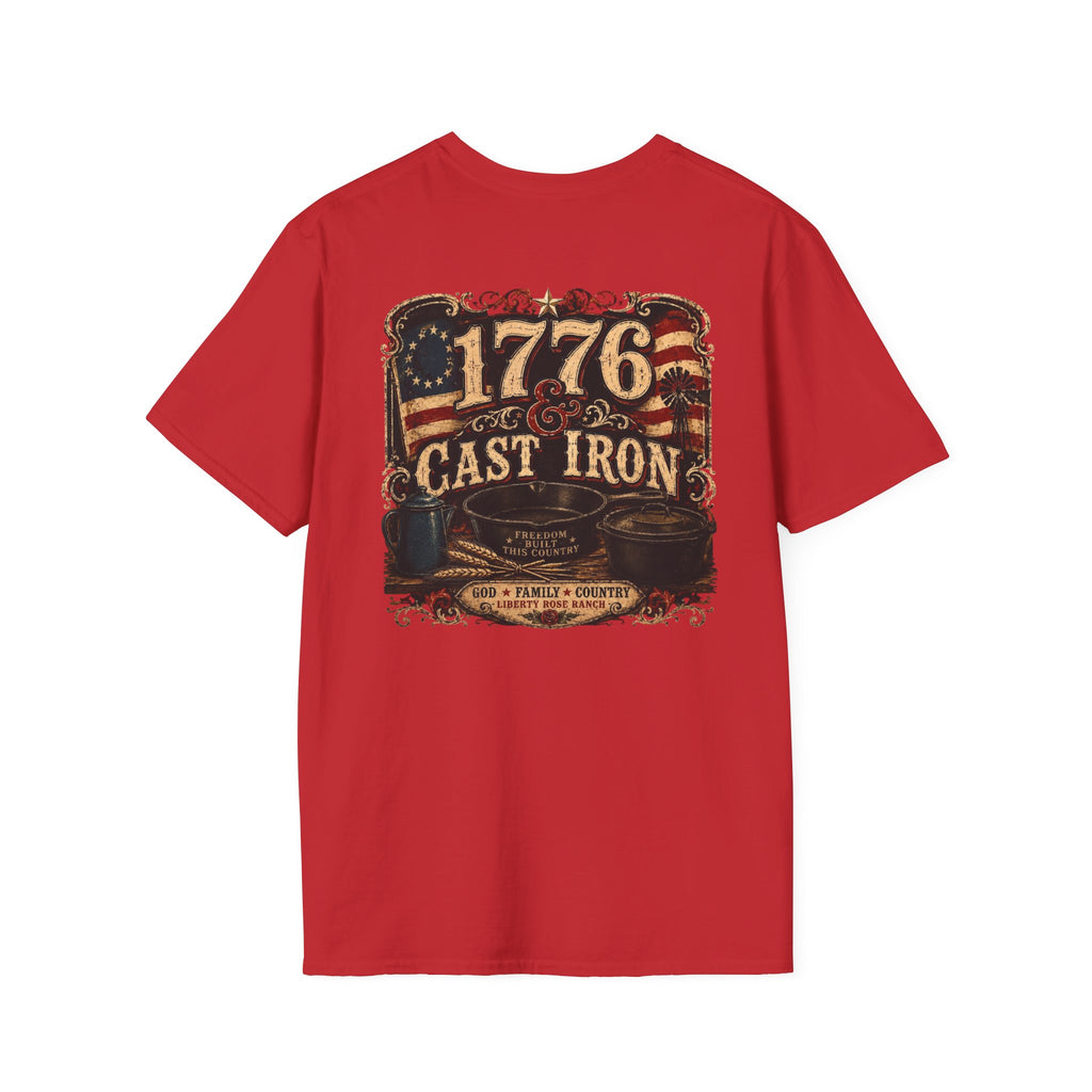 1776 Cast Iron T-Shirt – Vintage American Flag Grill/Fishing Cooking Tee