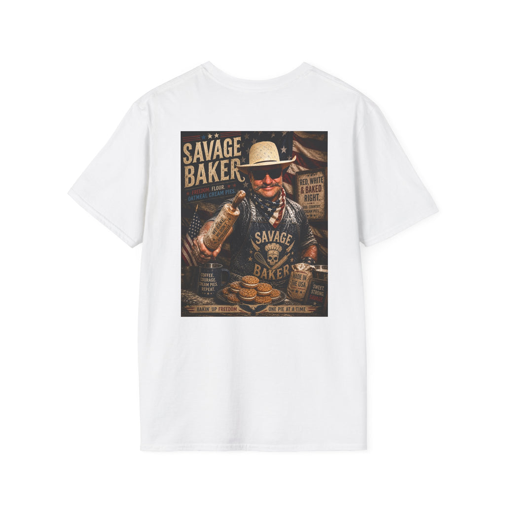 T-Shirt — Savage Baker Patriotic Retro Logo Tee (front chest patch & back graphic)
