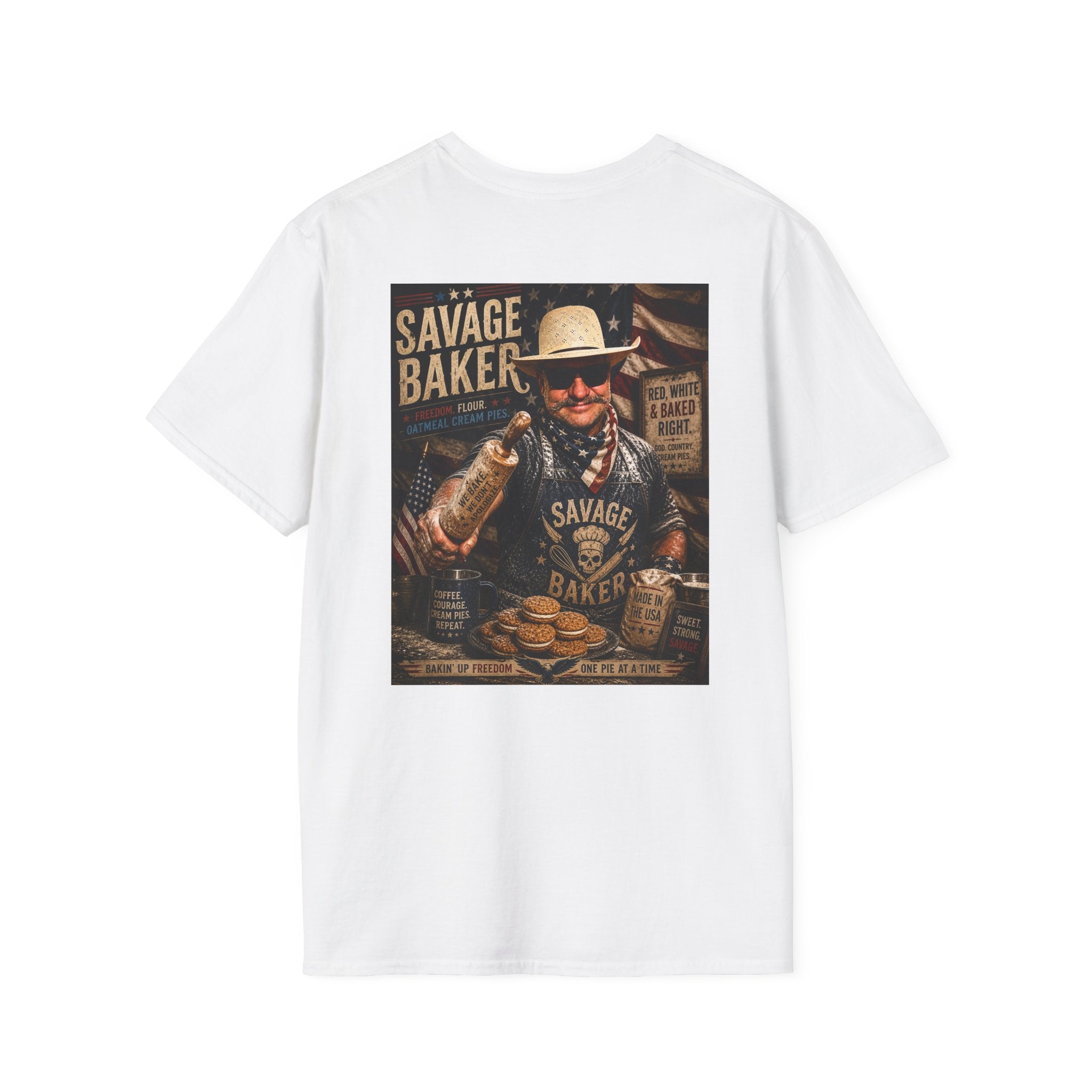T-Shirt — Savage Baker Patriotic Retro Logo Tee (front chest patch & back graphic)