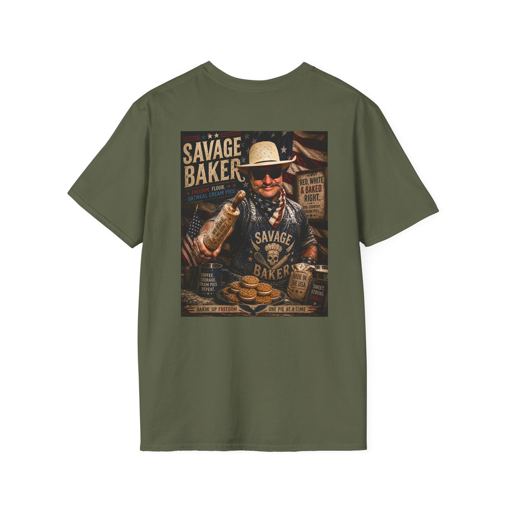T-Shirt — Savage Baker Patriotic Retro Logo Tee (front chest patch & back graphic)