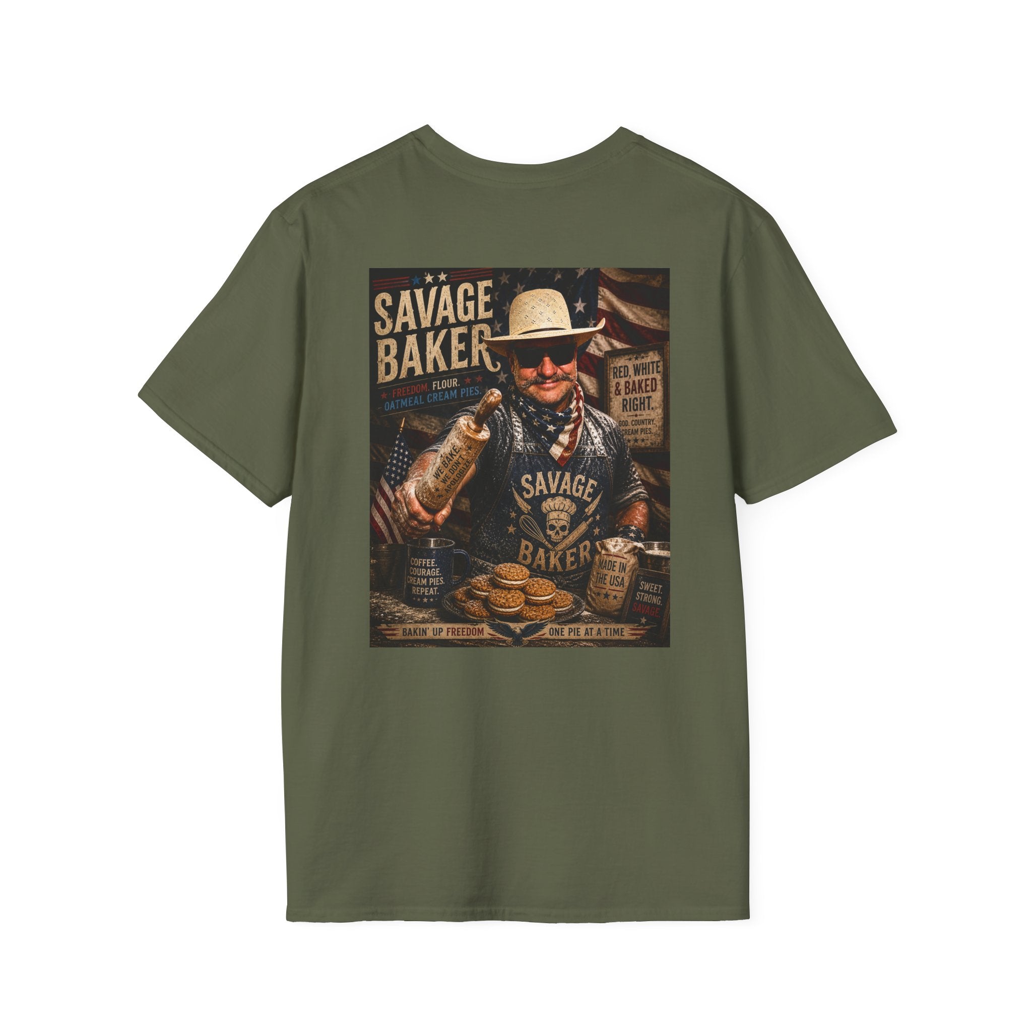 T-Shirt — Savage Baker Patriotic Retro Logo Tee (front chest patch & back graphic)