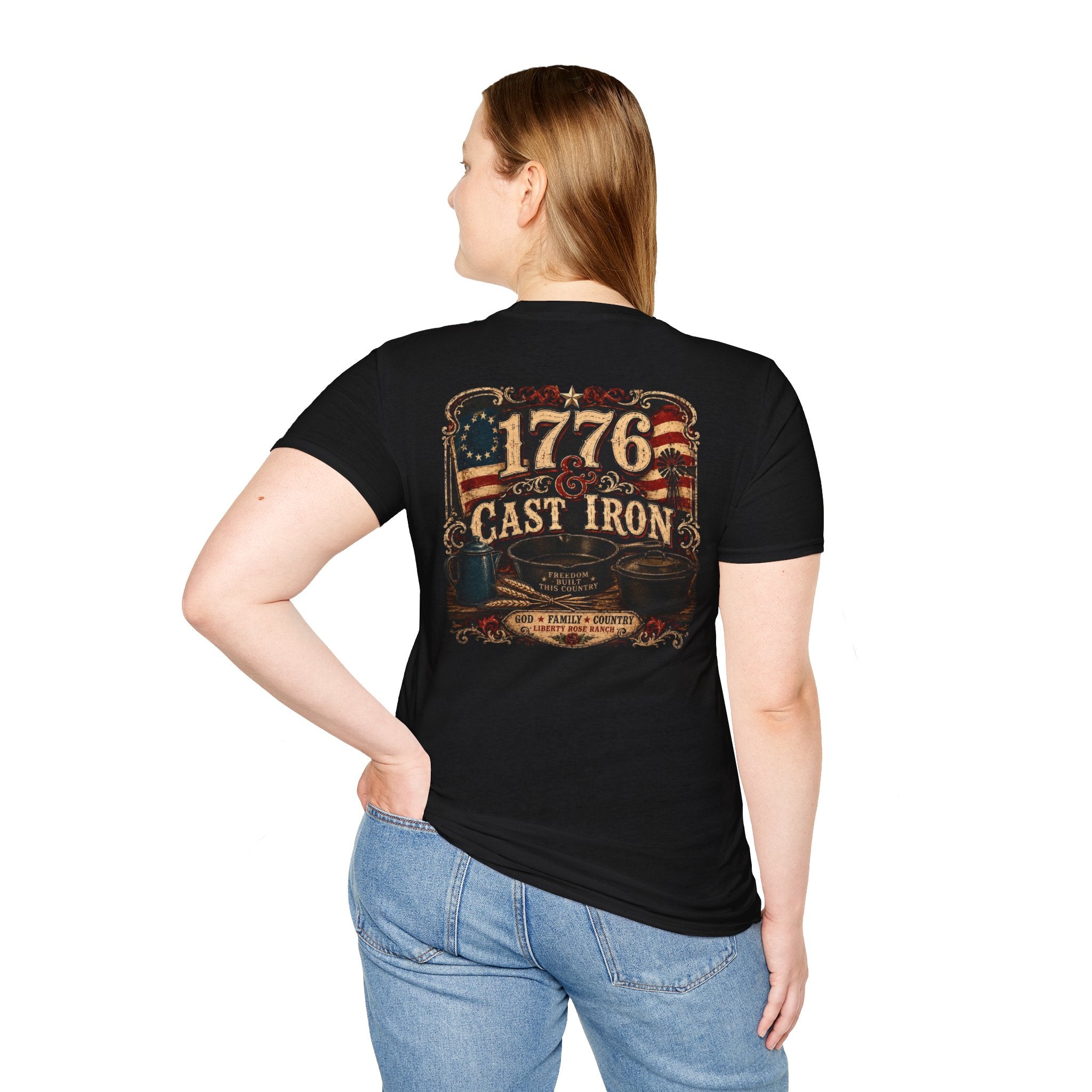 1776 Cast Iron T-Shirt – Vintage American Flag Grill/Fishing Cooking Tee
