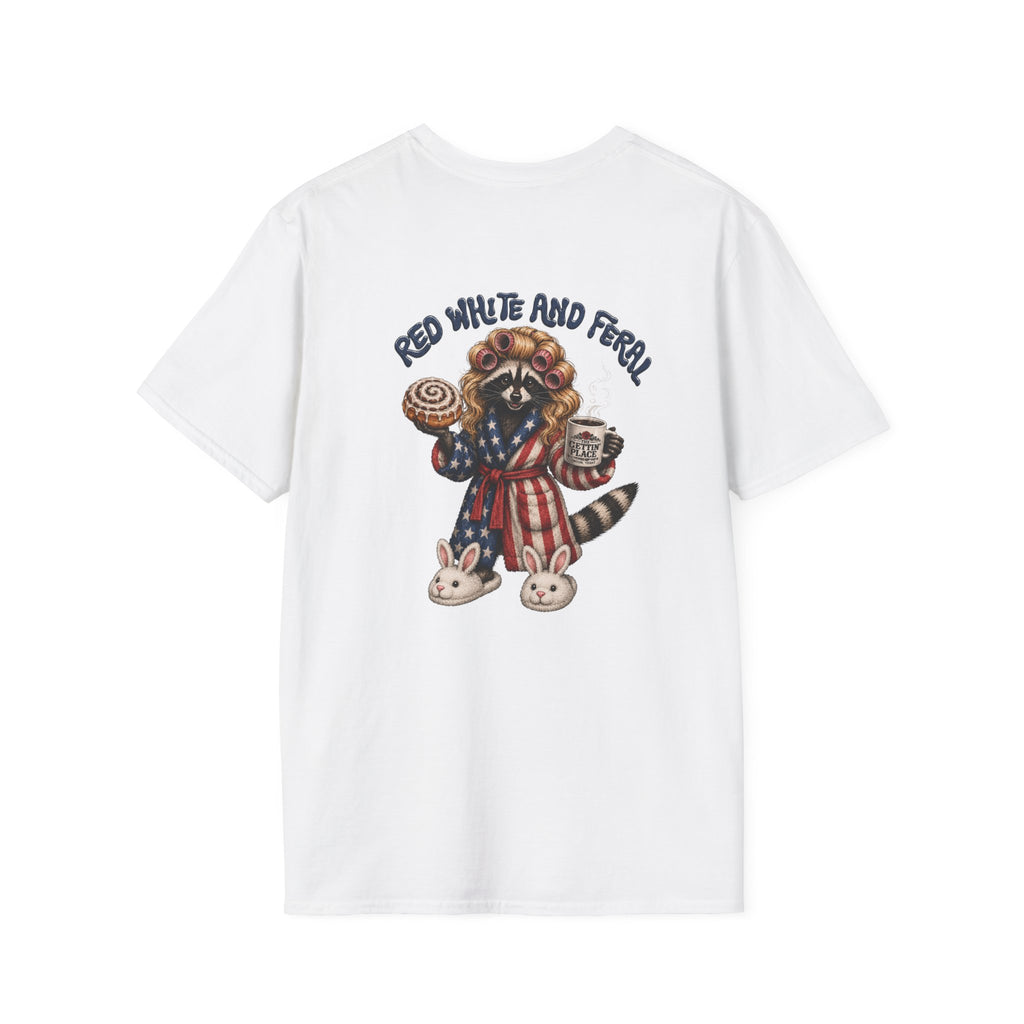 Patriotic Raccoon T-Shirt — "Red White and Feral" with Bunny Slippers, Americana Tee