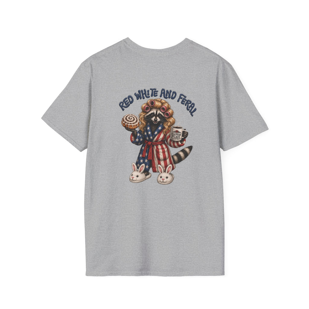 Patriotic Raccoon T-Shirt — "Red White and Feral" with Bunny Slippers, Americana Tee