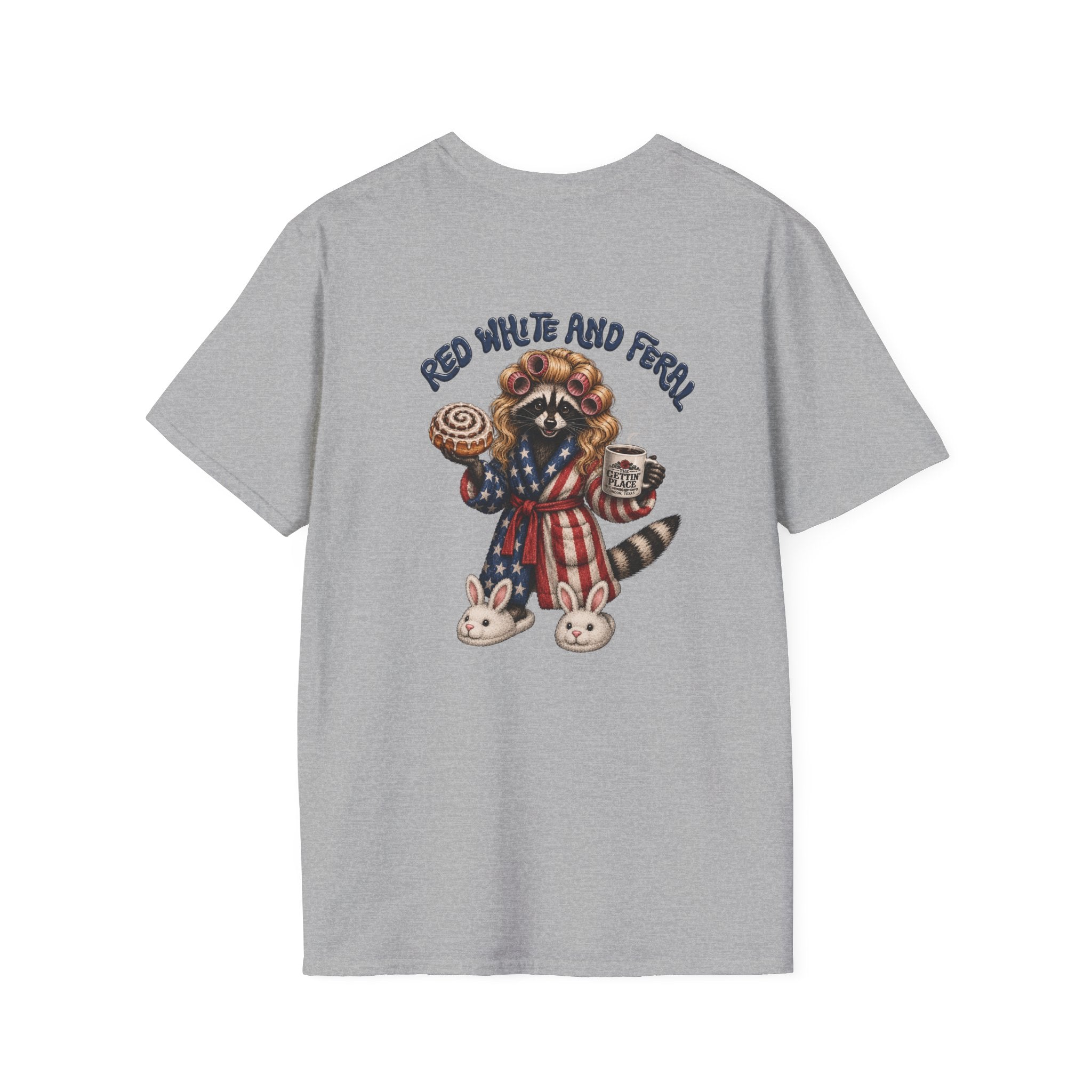Patriotic Raccoon T-Shirt — "Red White and Feral" with Bunny Slippers, Americana Tee