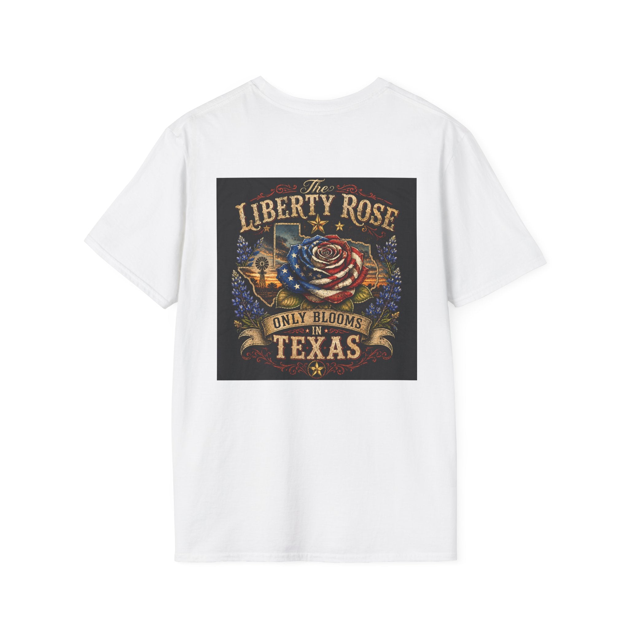 Liberty Rose Only Blooms in Texas T-Shirt — American Flag Rose Vintage Graphic Tee
