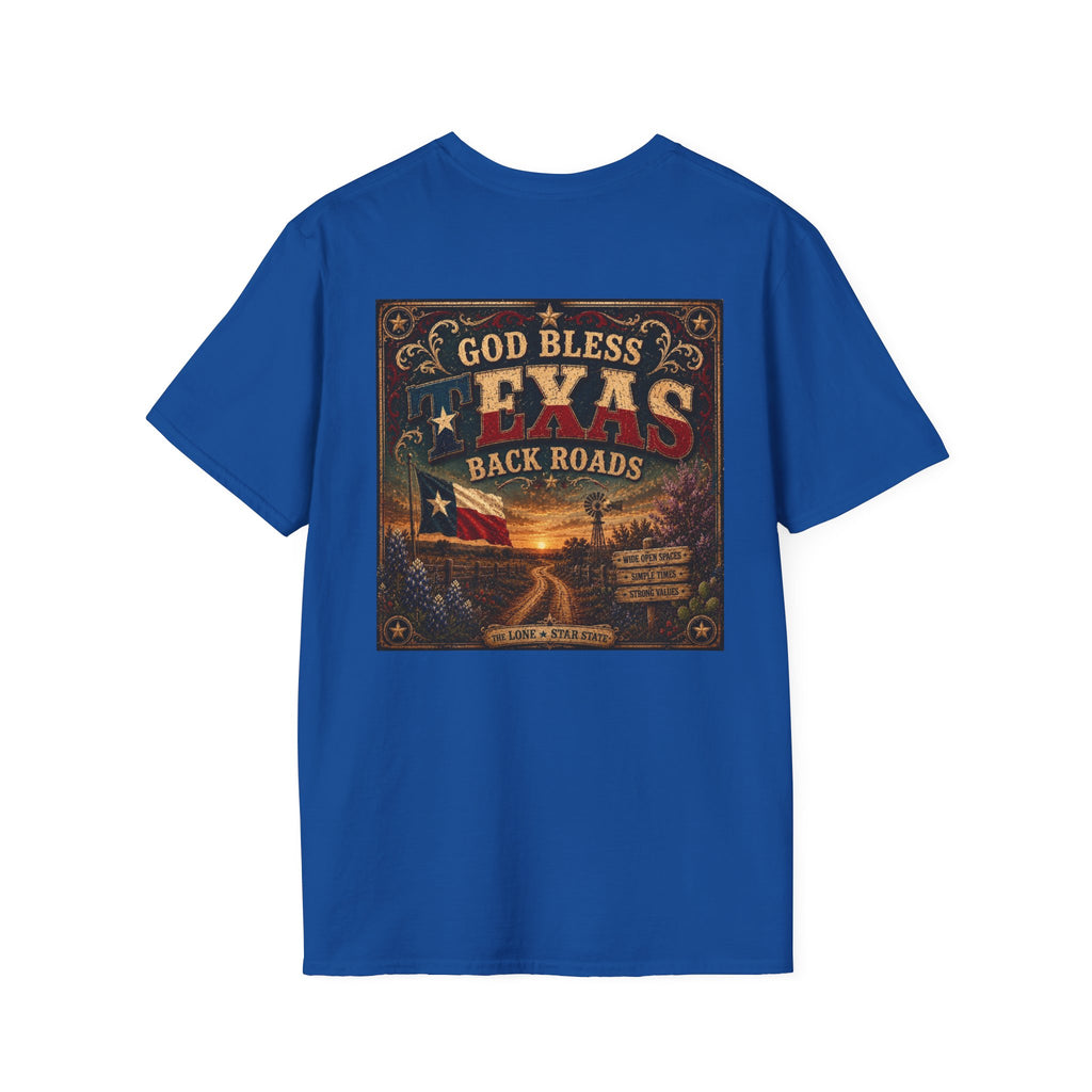 Texas Back Roads T-Shirt — "God Bless Texas Backroads" Vintage Sunset Graphic. Liberty Rose Ranch