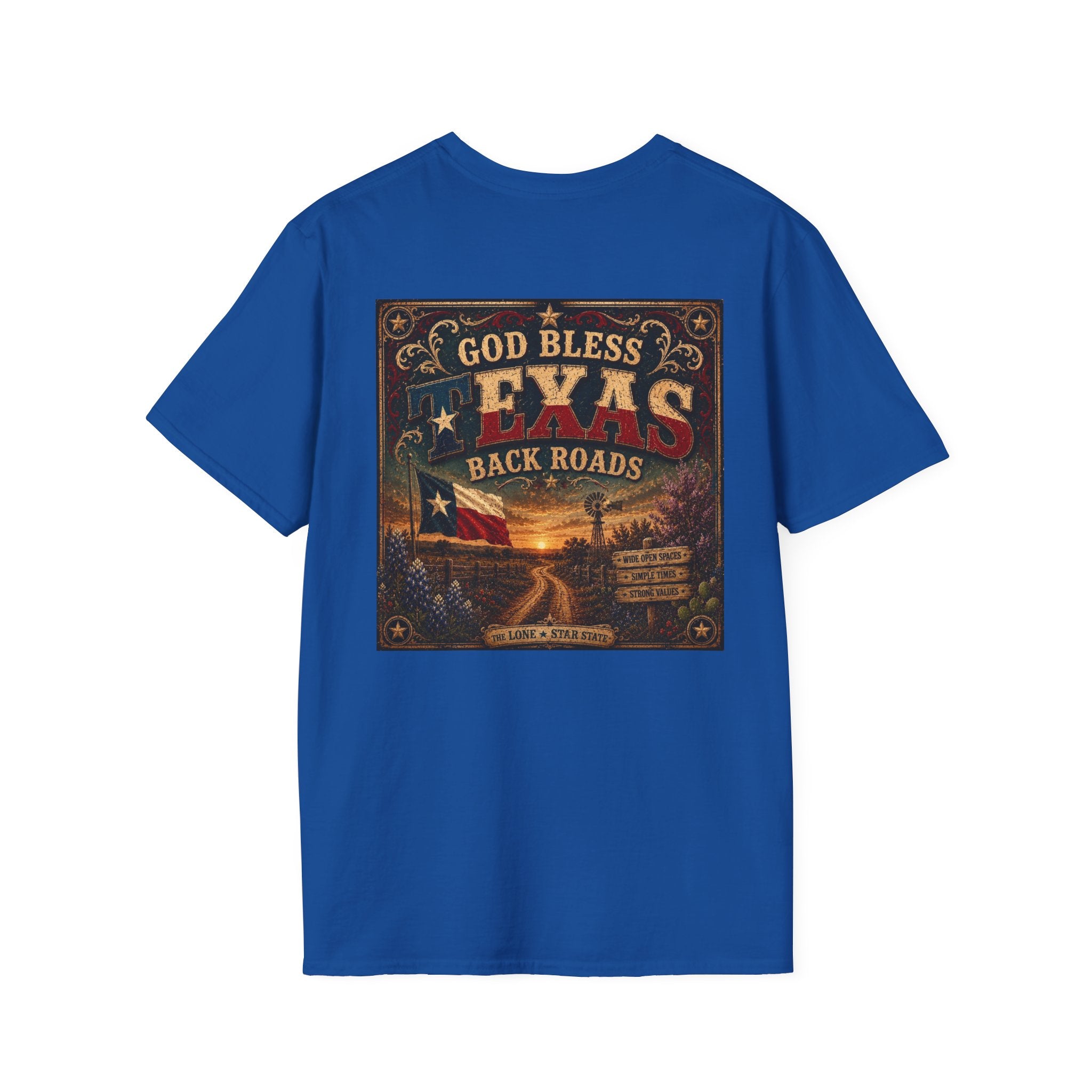 Texas Back Roads T-Shirt — "God Bless Texas Backroads" Vintage Sunset Graphic. Liberty Rose Ranch