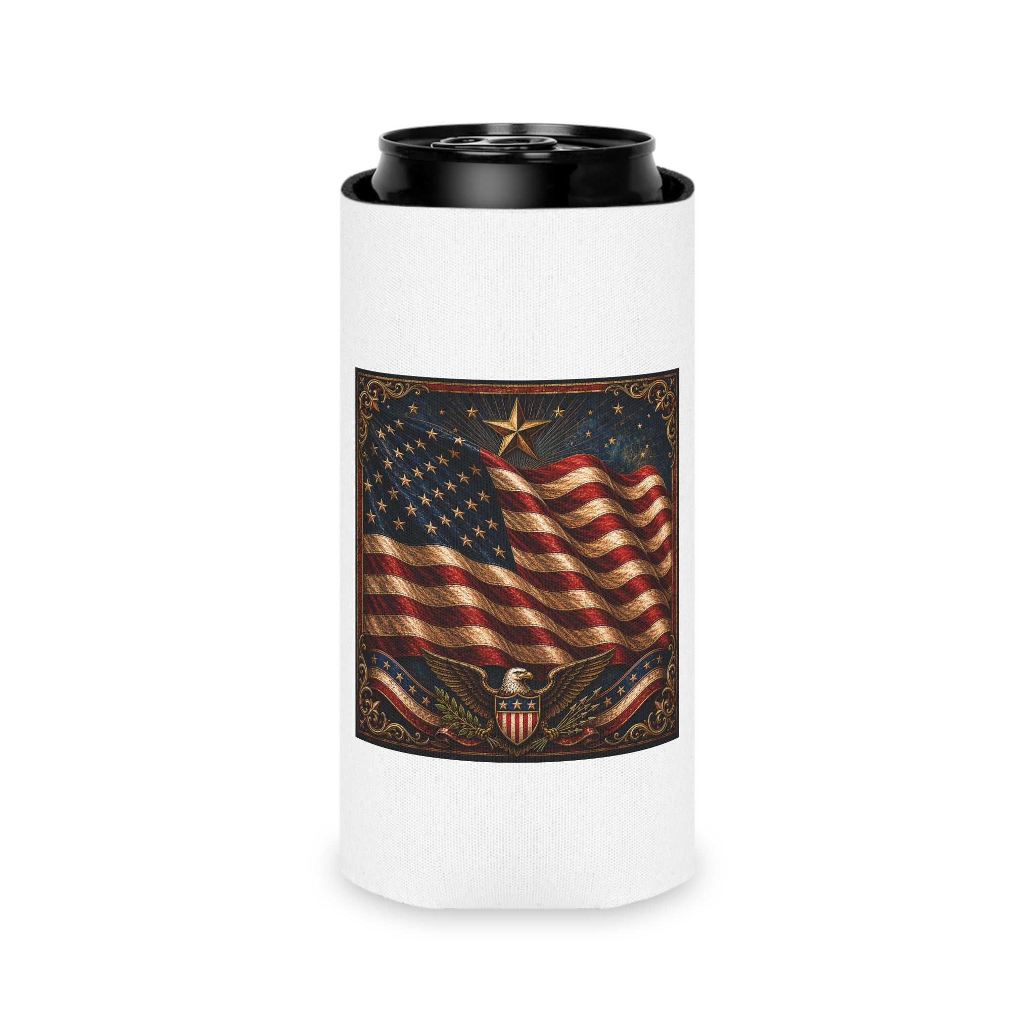 Patriotic Can Cooler — American Flag & Liberty Rose Ranch Beer Koozie