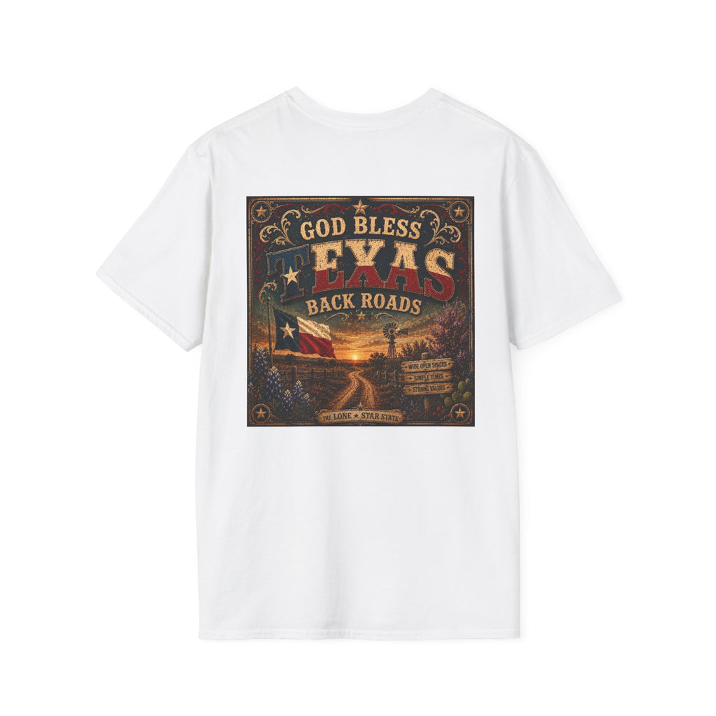 Texas Back Roads T-Shirt — "God Bless Texas Backroads" Vintage Sunset Graphic. Liberty Rose Ranch