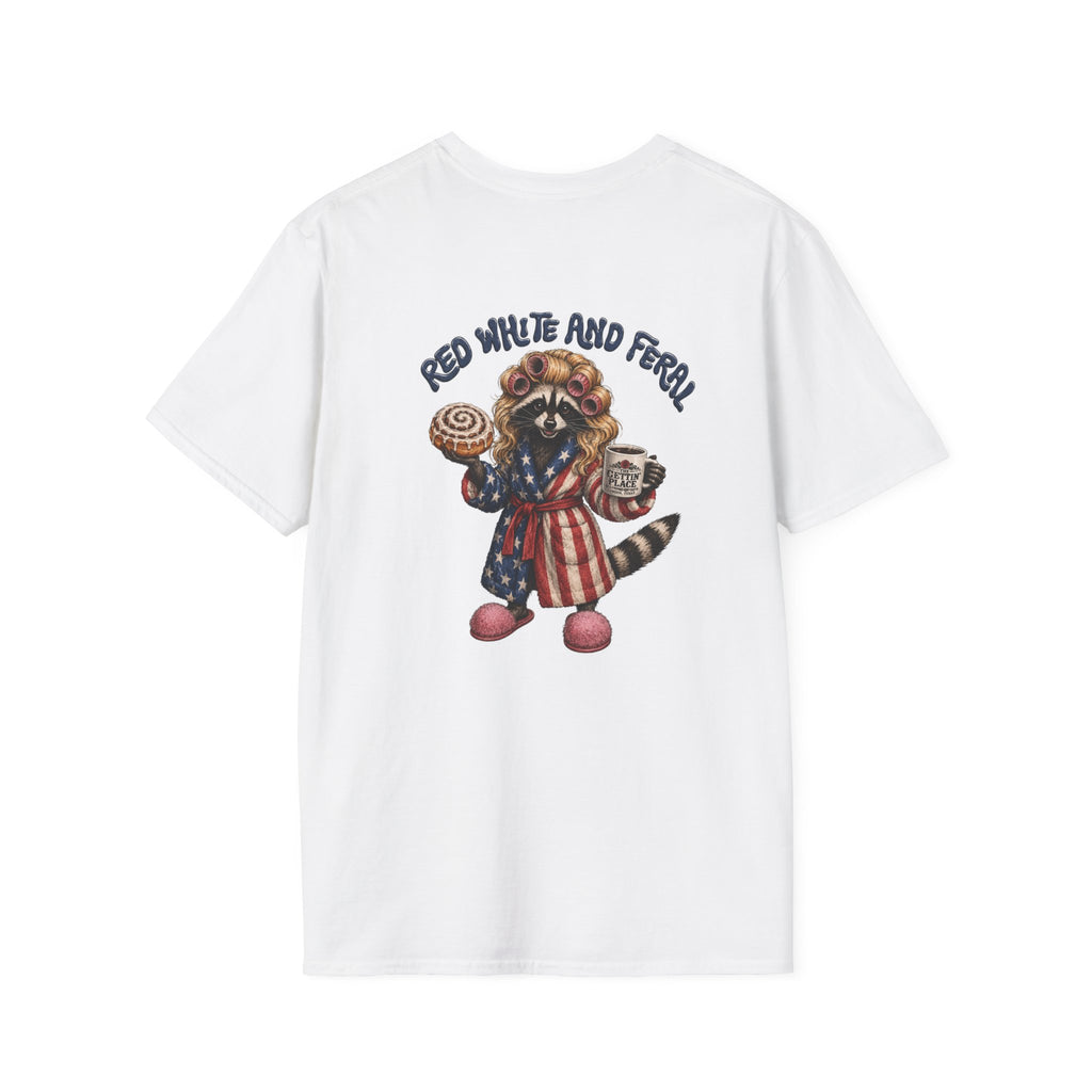 Patriotic Raccoon T-Shirt – "Red White and Ferrel" Pink Fuzzy Slippers, Americana Graphic Tee