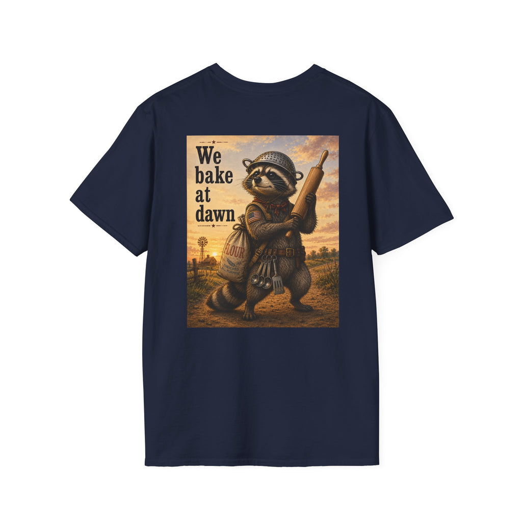 Baker Raccoon T-Shirt — "We Bake at Dawn" Vintage Bakery Graphic Tee