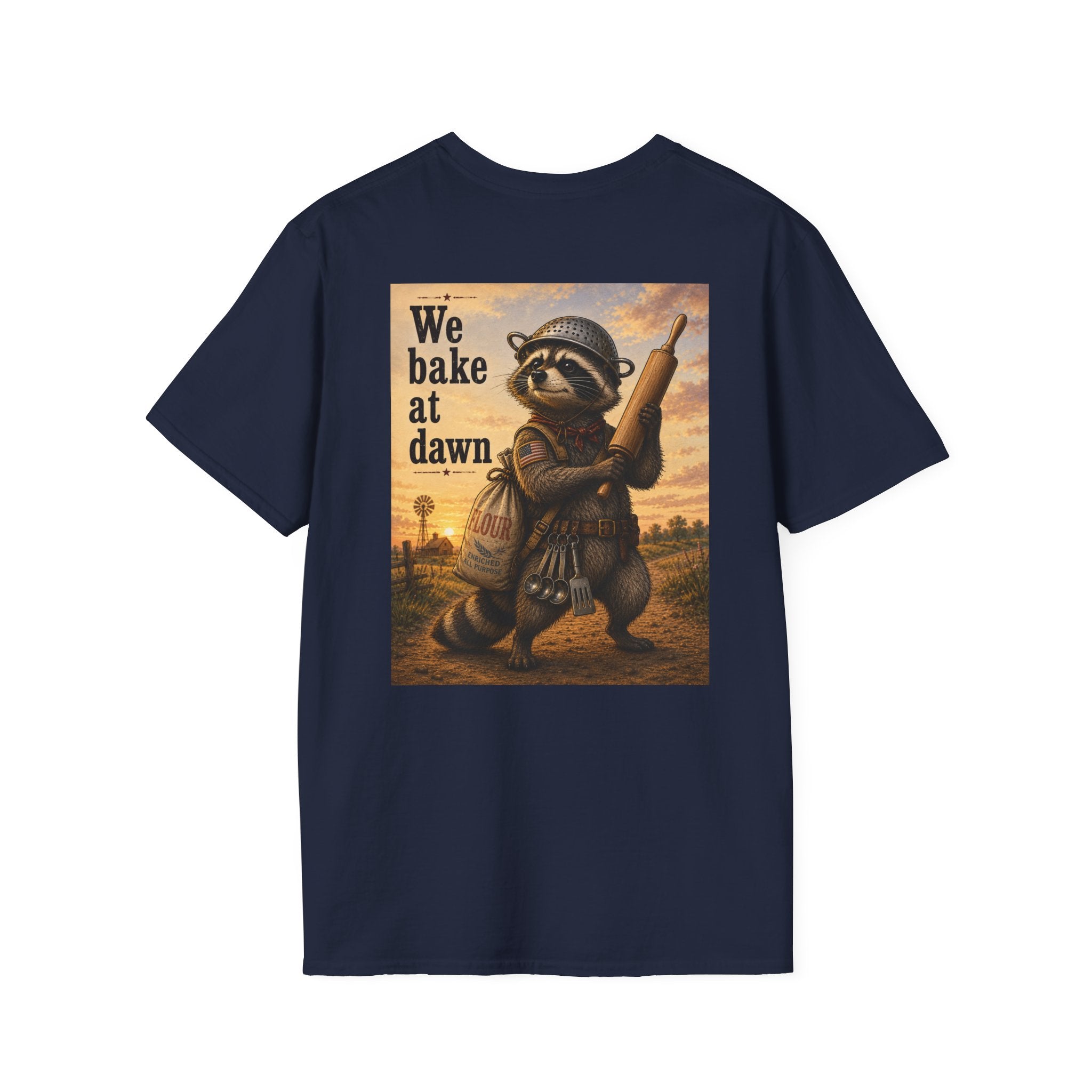 Baker Raccoon T-Shirt — "We Bake at Dawn" Vintage Bakery Graphic Tee